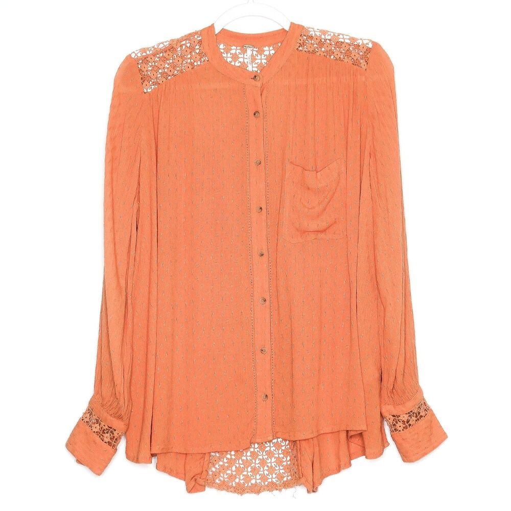 Free People Womens Button Up Size Small Orange Long Sleeve Crochet‎ Boho